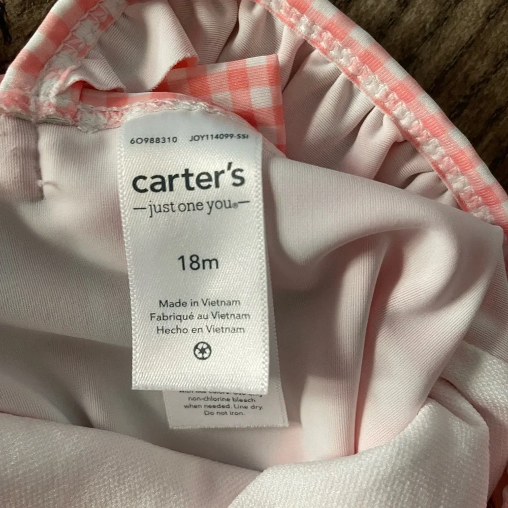 ✨SALE✨ Pink Gingham Carter’s Baby Swimsuit Bathing Suit Bow Ruffles - Picture 2 of 3